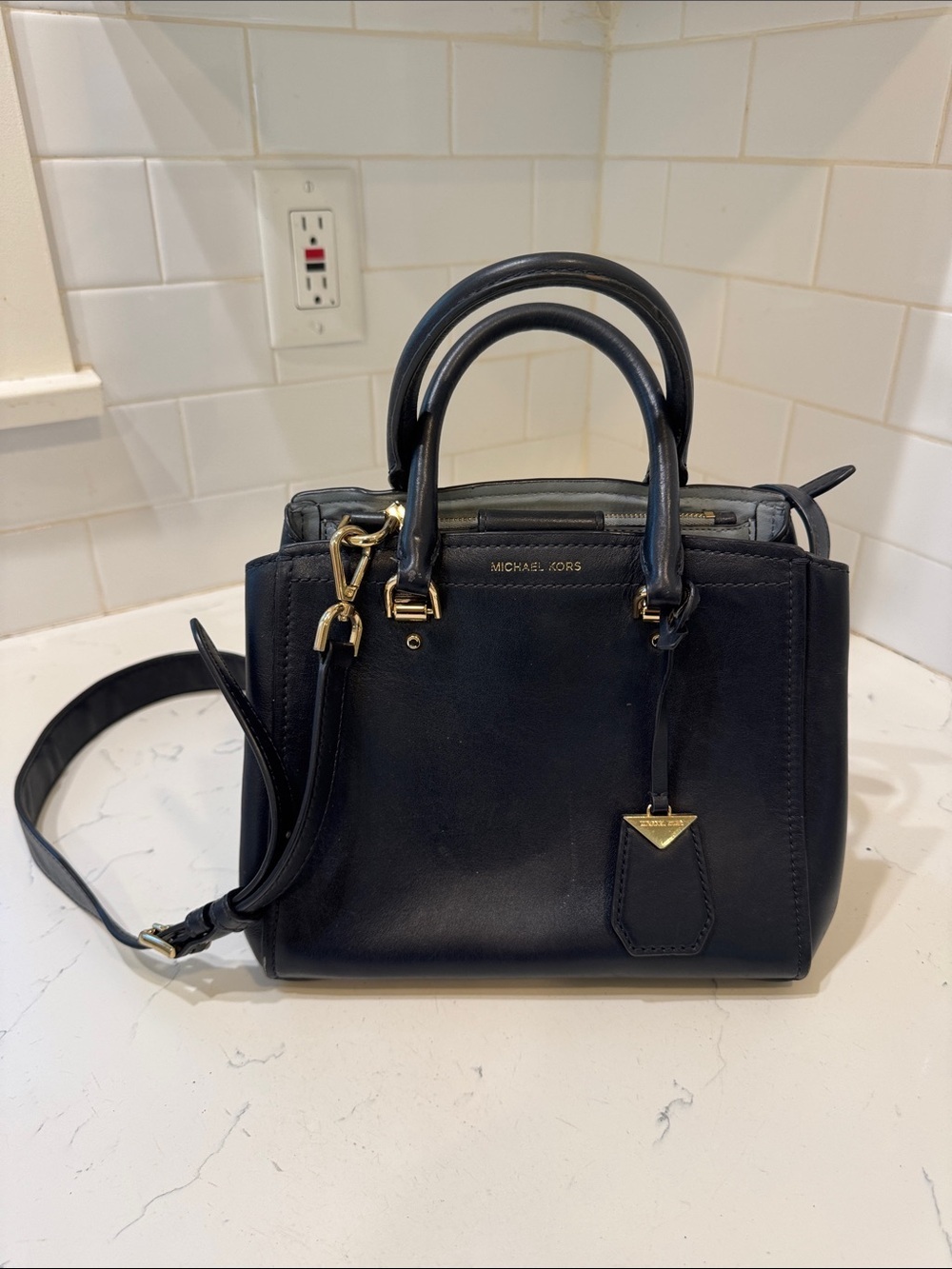 Michael Kors Navy Leather Satchel with Gold Hardware
